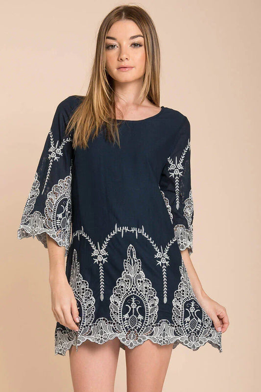 Marina Embroidered Tunic Dress Navy